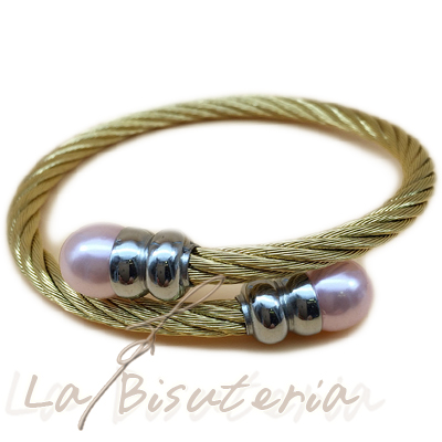 Pulsera cordn acero terminacin perla oro