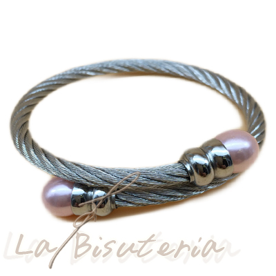 Pulsera cordn acero terminacin perla plata