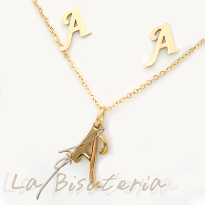 Collar y pendientes 254008, oro. Letra A