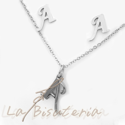 Collar y pendientes 254008, plata. Letra A