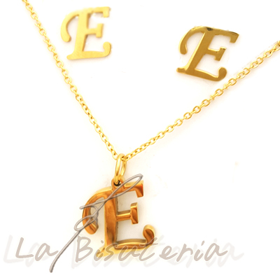 Collar y pendientes 254012, oro. Letra E