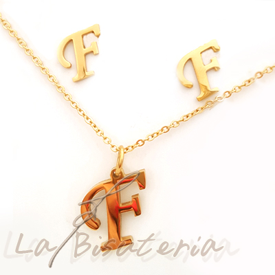 Collar y pendientes 254013, oro. Letra F