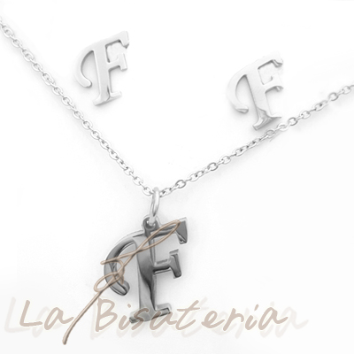 Collar y pendientes 254013, plata. Letra F