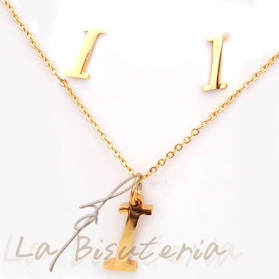 Collar y pendientes 254016, oro. Letra I