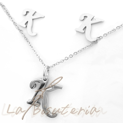 Collar y pendientes 254018, plata. Letra K