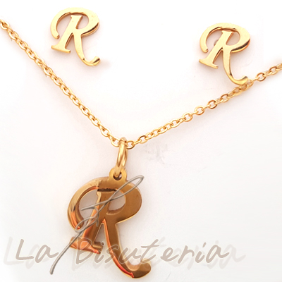 Collar y pendientes 254025, oro. Letra R