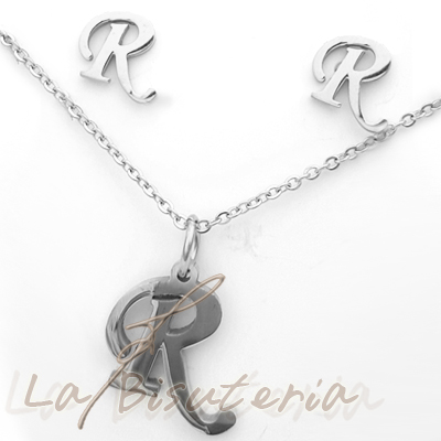 Collar y pendientes 254025, plata. Letra R