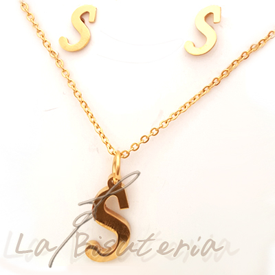 Collar y pendientes 254026, oro. Letra S