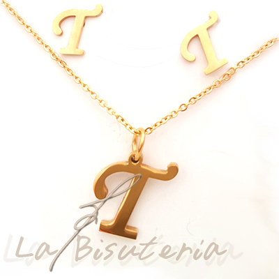 Collar y pendientes 254027, oro. Letra T