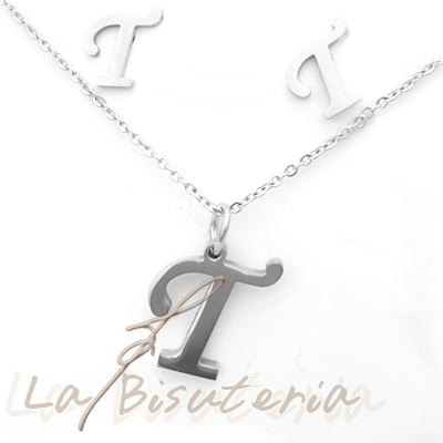 Collar y pendientes 254027, plata. Letra T