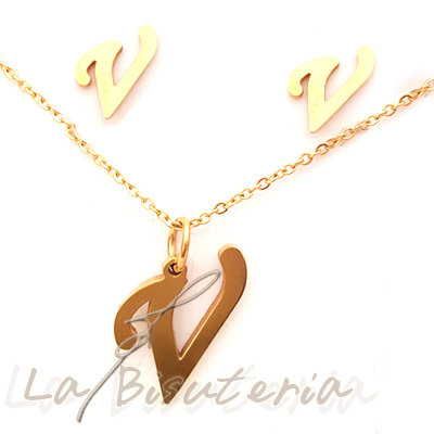 Collar y pendientes 254029, oro. Letra V