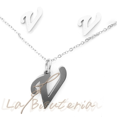 Collar y pendientes 254029, plata. Letra V