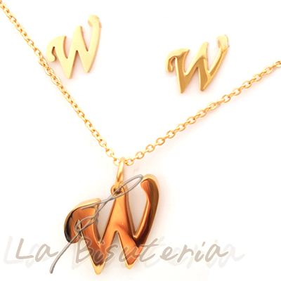 Collar y pendientes 254030, oro. Letra W