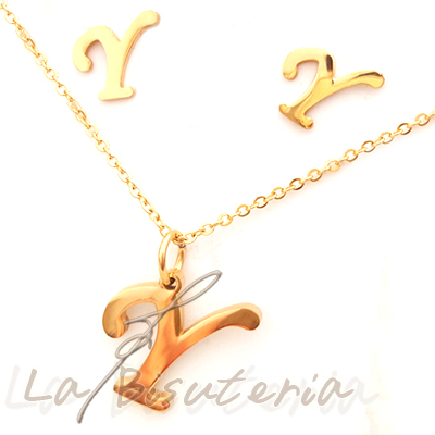 Collar y pendientes 254032, oro. Letra Y